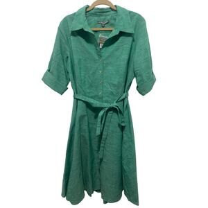Sharagano A-line Fit & Flare Collared Cotton Blend Green Prockets Dress 14 NWT